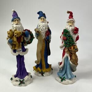 Christmas Pencil Santa Set 3 Holiday Figurines 9" Tall Resin Purple Blue Decor
